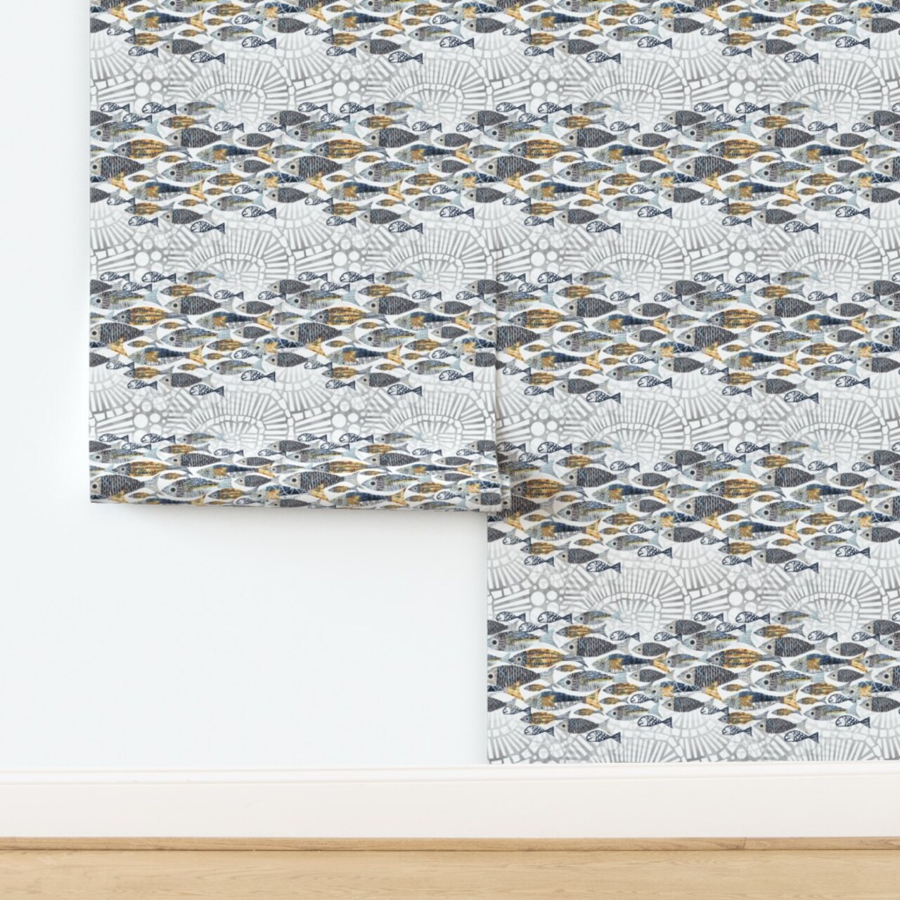 Whimsical Fish Coastal Mosaic Watercolor Collage Modern Gouache Lake Custom Removable Wallpaper by Spoonflower Peel & Stick Wallpaper 2FT Wide